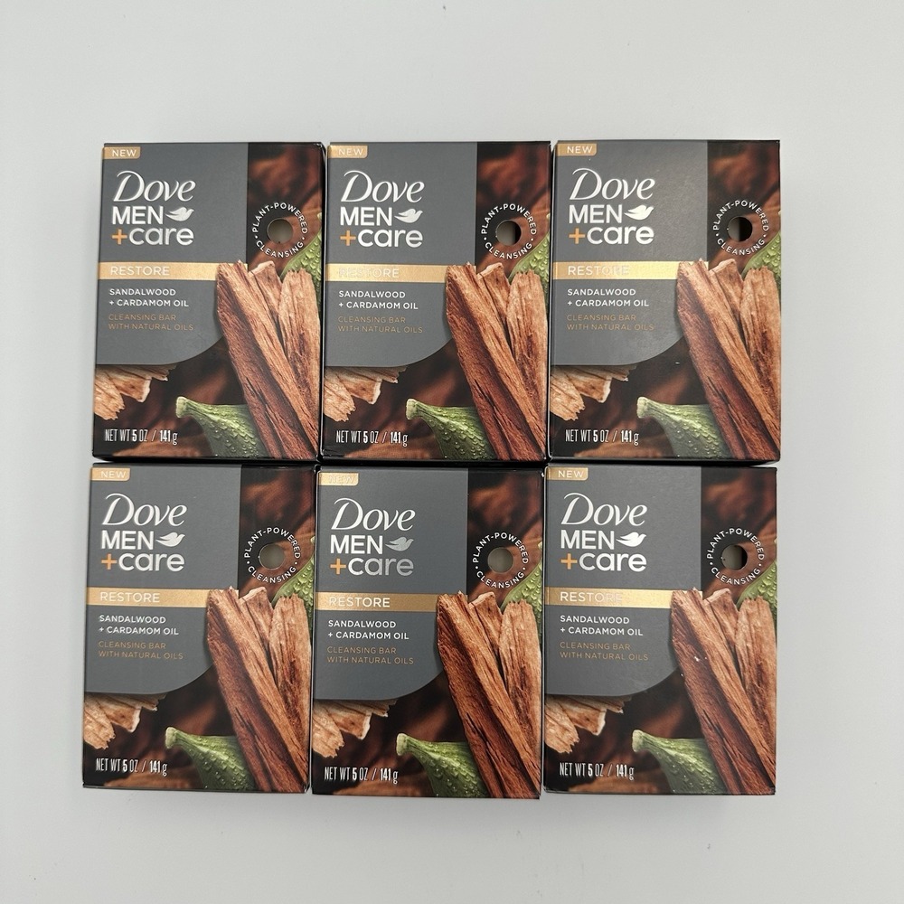 (6) Dove Men + Care Sandalwood Cardamom Natural Oils Plant Cleansing Bar Soap